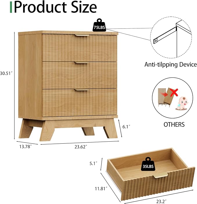 Fluted Nightstand, Mid Century Modern Wood Night Stand - Image 2
