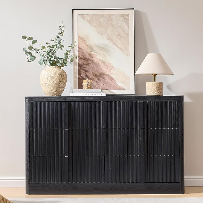 Black Fluted Dresser for Bedroom, Modern TV Stand Set, Curved Profile Design by YANSNWO