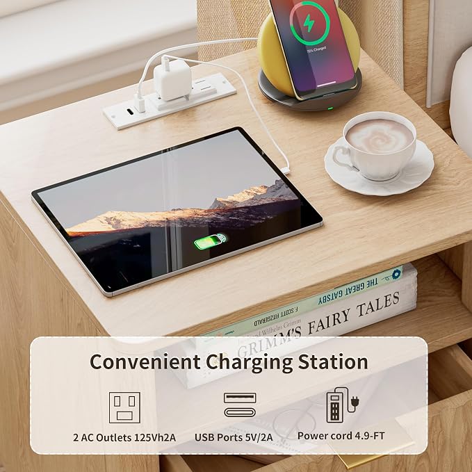 Fluted Nightstand with Charging Station, Bedside Table - Image 6