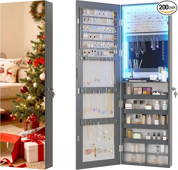 Vlsrka 47.2" LED Grey Jewelry Mirror Cabinet, Wall/Door Mounted Jewelry Armoire by VlsrkaFurniture
