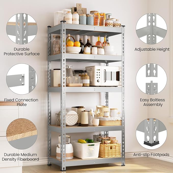 Yaheetech 5-Tier Heavy Duty Storage Shelves 28"W x 12"D x 60"H Light Gray | - Image 6