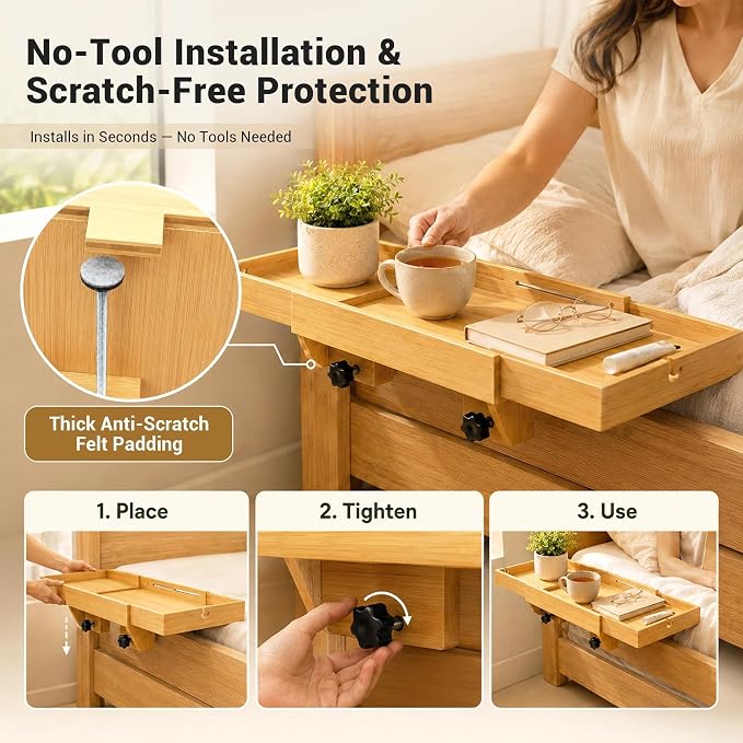 MinBoo Expandable Bamboo Bedside Shelf – Sliding Clip-On Nightstand - Image 4