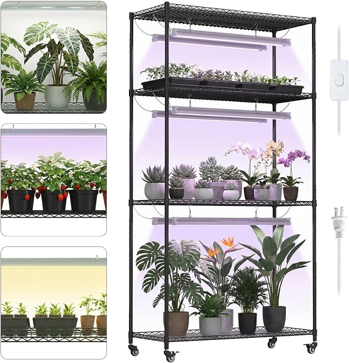 Plant Stand with Grow Lights, Indoor Plant Shelf with Wheels | 36"x14"x63" - Image 3