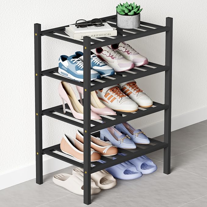 Smiry Bamboo Shoe Rack for Closet, 4 Tier Small Wooden Stackable Shoe Organizer by Smiry
