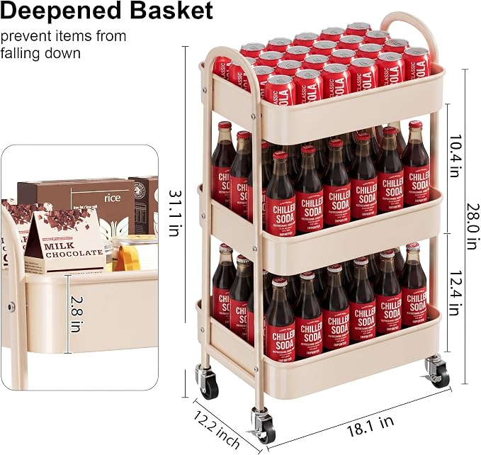 Beige 3 Tier Rolling Cart Metal on Wheels, Three Tiered Storage Organizer - Image 9
