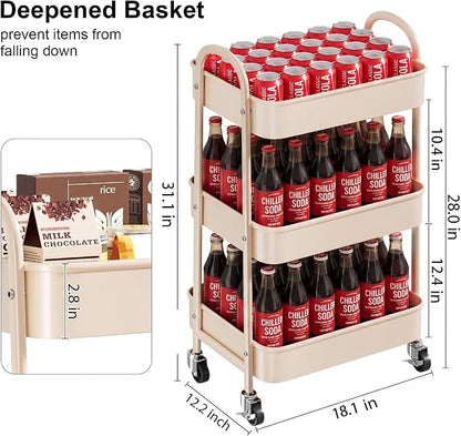 Beige 3 Tier Rolling Cart Metal on Wheels, Three Tiered Storage Organizer - Image 9