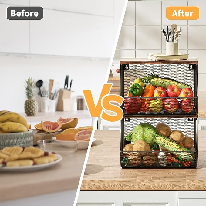 Stackable Fruit Basket for Kitchen Countertop Space Saving, Wall Mounted Mesh - Image 3