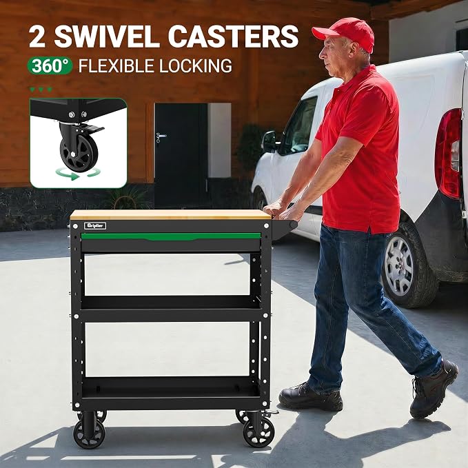 Rolling Tool Cart, 3-Tier Workshop Storage, Heavy-Duty Wheels, 330LB Load - Image 3