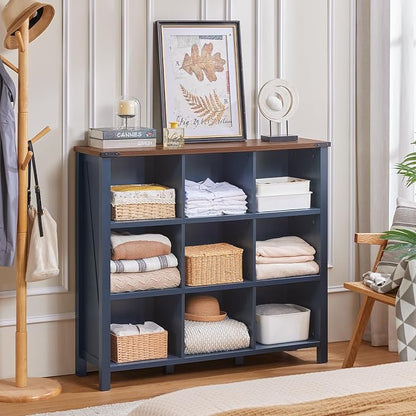 9 Cube Bookcase, Farmhouse 47 Inch Wide Navy Blue Bookshelf, Wooden 3 Tier - Image 9