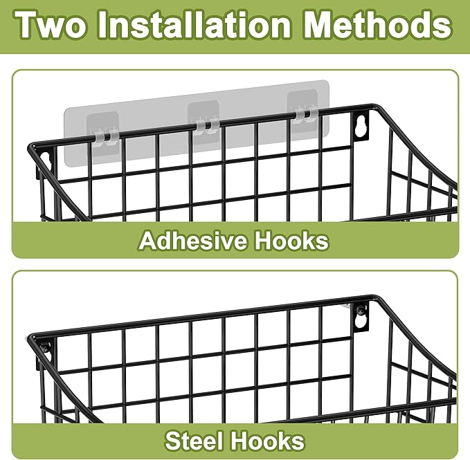 Wall Mounted Bin Basket with 5 Hooks 3 Label Plate Adhesive-3 Pack, Cabinet - Image 3