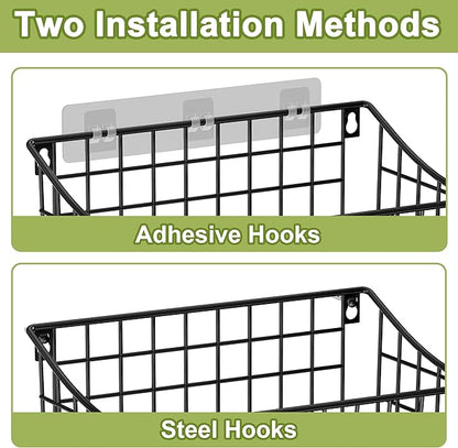 Wall Mounted Bin Basket with 5 Hooks 3 Label Plate Adhesive-3 Pack, Cabinet - Image 3