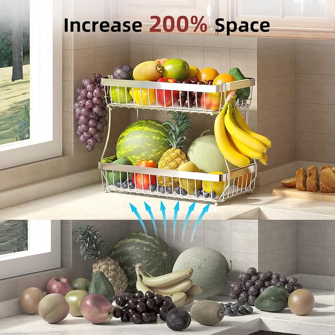 2-Tier Fruit Basket with Banana Hangers, Detachable Metal Bowl | Wooden handle - Image 9