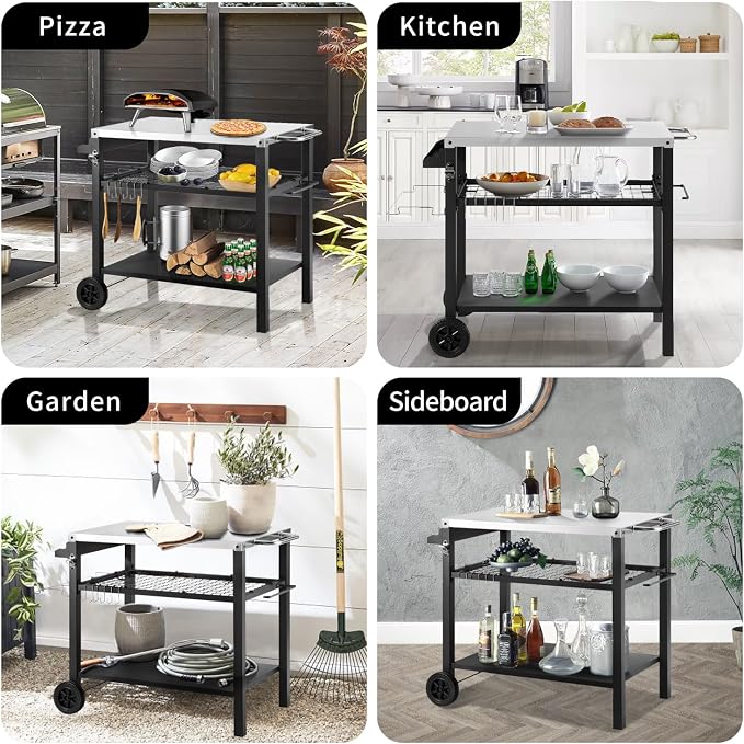 Grill Cart Table with Three Shelf, Movable Outdoor Dining Cart Pizza Oven Stand - Image 4