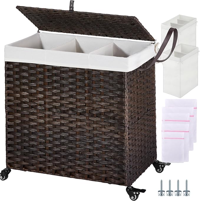 GREENSTELL Laundry Hamper with Wheels&Lid, 130L Large 3 Sections Clothes Hamper by Greenstell