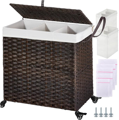 GREENSTELL Laundry Hamper with Wheels&Lid, 130L Large 3 Sections Clothes Hamper by Greenstell