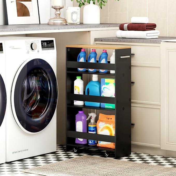 Small Kitchen Cart, 4-Tier Slim Rolling Island w/Handle, Laundry Room Storage - Image 9