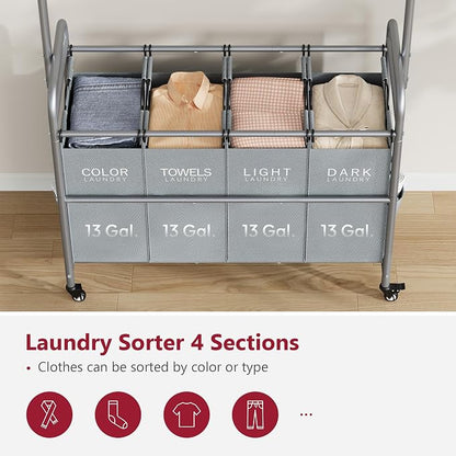 Tajsoon Laundry Sorter with Hanging Bar, 4 Section Rolling Laundry Hamper with - Image 4