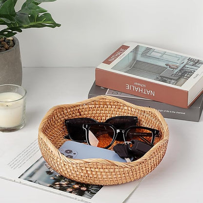 Hipiwe Natural Rattan Tray Wicker Storage Bowls Hand Woven Basket Tray - Image 7