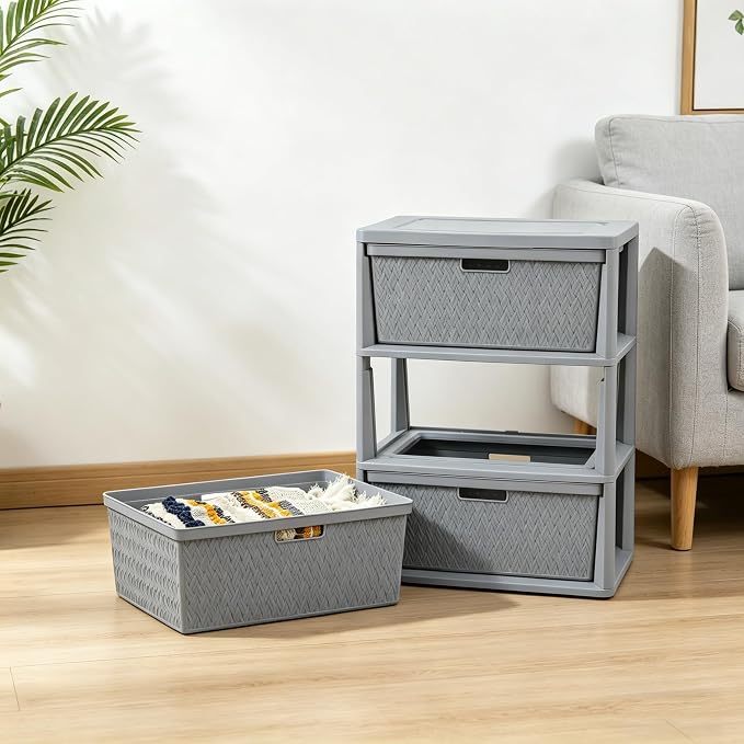 Gray Wide Storage Tower, 3 Drawer Plastic Organizer - Image 8
