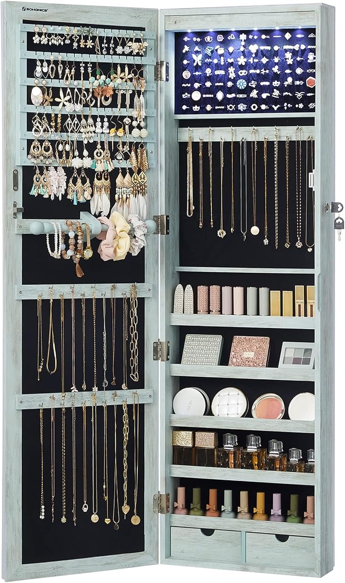 SONGMICS 6 LEDs Mirror Jewelry Cabinet, 47.2-Inch Tall Lockable Wall or Door by SONGMICSbySONGMICSHOME