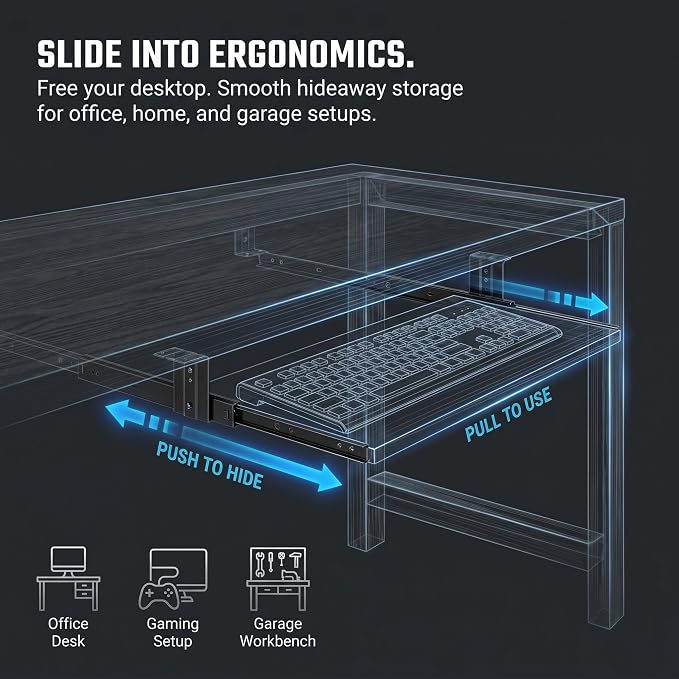 1 Set Underdesk Keyboard Tray Sliding Rails, 14-23 Inch Heavy Duty Steel Drawer - Image 6