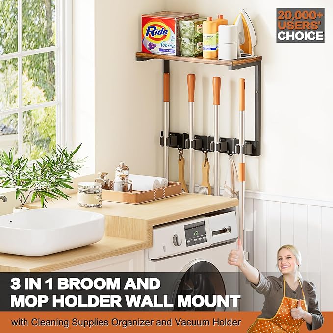 Broom Holder Wall Mount with Cleaning Supplies Organizer, Laundry Room - Image 2