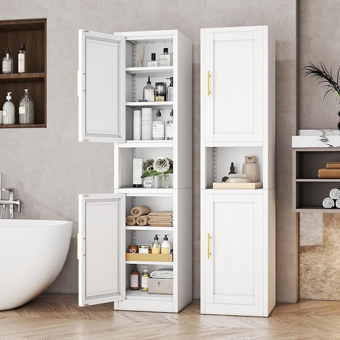 Tall Metal Narrow Bathroom Storage Cabinet 67" H, Tall White Pantry Cabinets by BAOLIWO