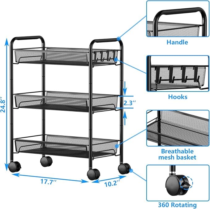 3-Tier Mesh Rolling Cart - Image 7
