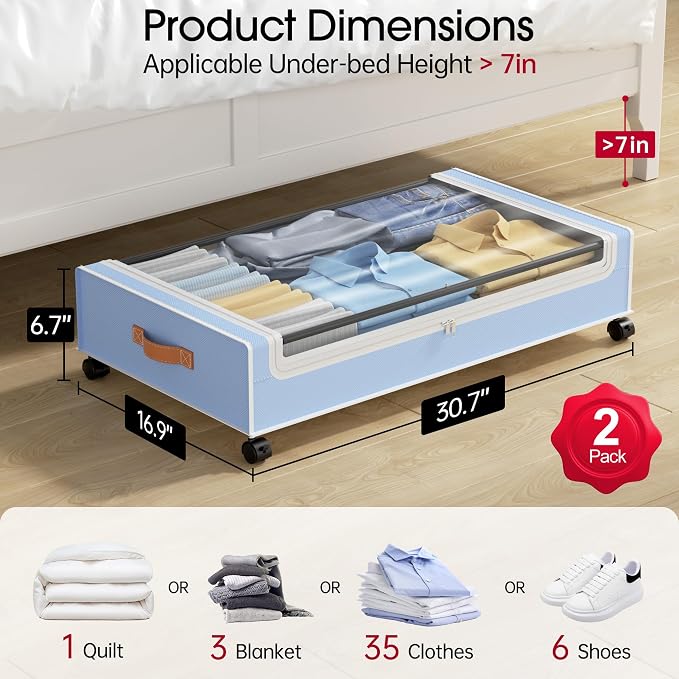Yecaye Under Bed Storage with Wheels, 2 Pack Under Bed Storage Containers - Image 2