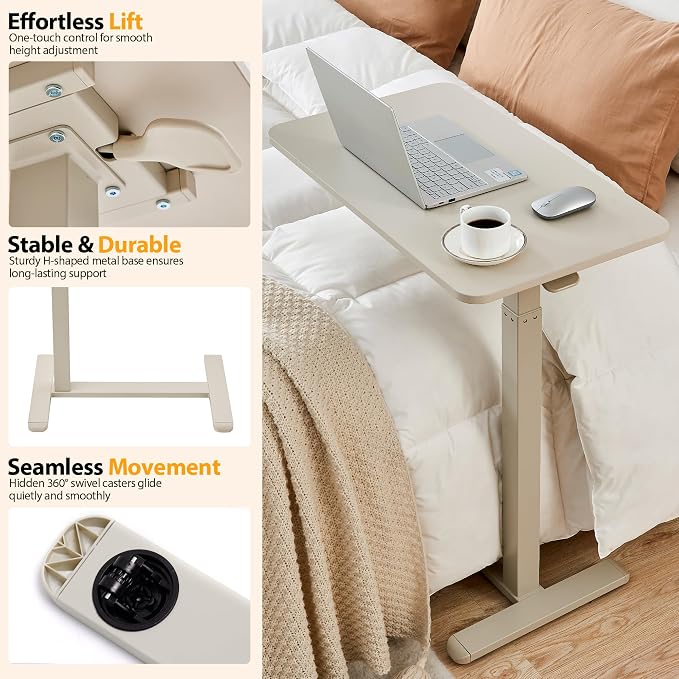Overbed Table with Hidden Wheels, Height Adjustable Medical Bed Table Hospital - Image 4