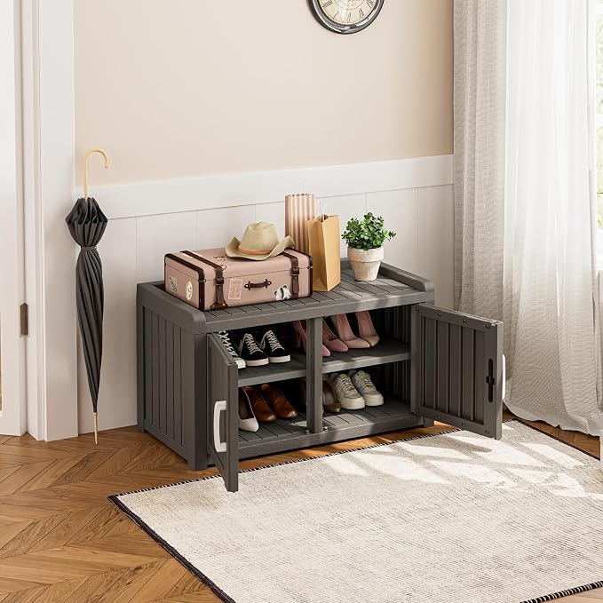 2-Tier Storage Bench, Waterproof UV-Resistant Outdoor Shoe Storage Cabinet - Image 5