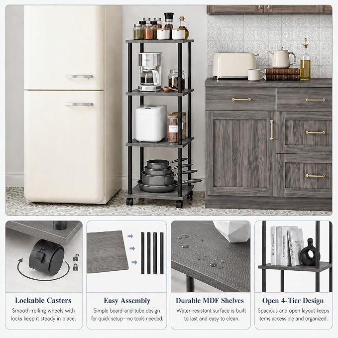 4-Tier 38.2" Tall Oak Grey Bathroom Shelving Unit - Image 4