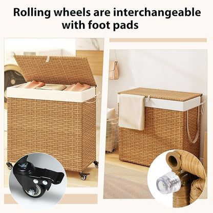 Giantex Laundry Hamper w/Wheels, 3 Section Hamper 125L w/2 Removable Liner Bags - Image 4