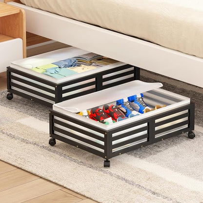 Under Bed Storage with Wheels-Large Bamboo Underbed storage Containers with - Image 2