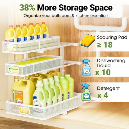 Under Sink Organizer 3 Tier, 2 Pack L-Shaped Pull-Out Cabinet Organizer - Image 7