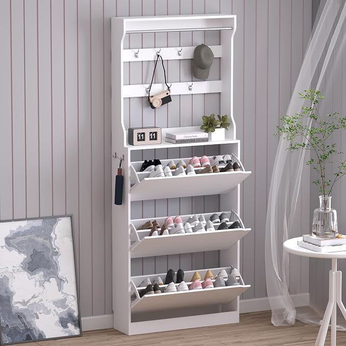 BORNOON Shoe Cabinet with 3 Flip Drawers & Coat Rack, Narrow Hidden Shoe by BORNOON