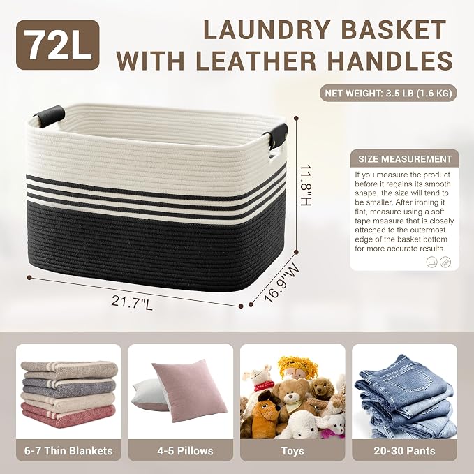 72L Large Laundry Basket with Leather Handles - Image 2