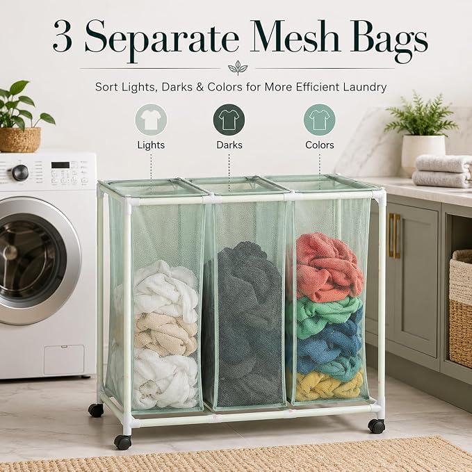 3-Bag Mesh Rolling Laundry Sorter Cart, Soft Silver, Removable Washable Bags - Image 3