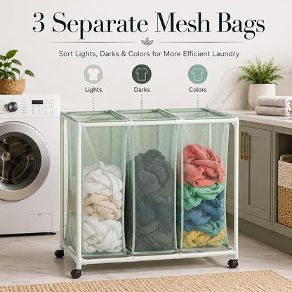 3-Bag Mesh Rolling Laundry Sorter Cart, Soft Silver, Removable Washable Bags - Image 3