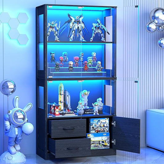 Display Cabinet with Glass Doors, 4-Tier Display Case with 3-Color Lights & by Unknown
