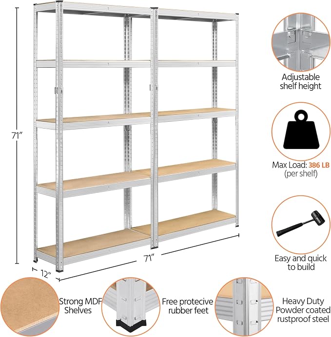 Yaheetech 5-Tier Heavy Duty Storage Shelves 35.5" W x 12" D x 71" H Silver | - Image 6