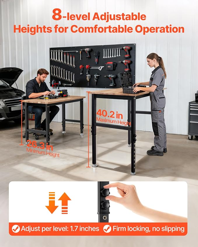 VEVOR Adjustable Workbench, 1500 lbs Capacity, 48 x 24 Inch Oak Wood Top - Image 4