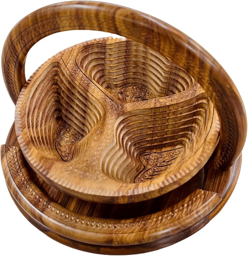 Handmade 12″ Collapsible Wooden Basket, 3-Compartment Angel Wings Design in by Unknown