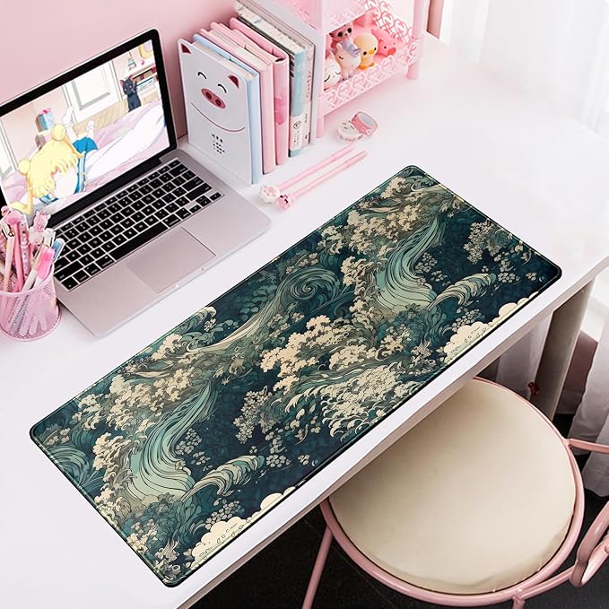 Japanese Large Mouse Pad Gaming Sea Wave Desk Pad Blue Sea Flower Art - Image 6