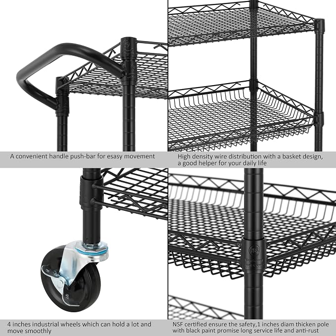 Finnhomy 3 Tier Heavy Duty Commercial Grade Utility Cart, Wire Rolling Metal - Image 6