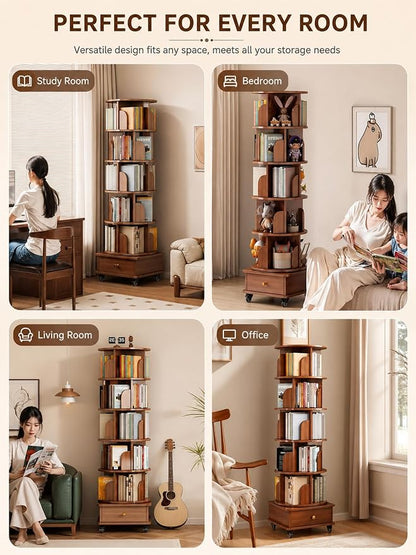 6 Tier Rotating Bookshelf with Cabinet On Wheel, 360° Display Spinning Corner - Image 8