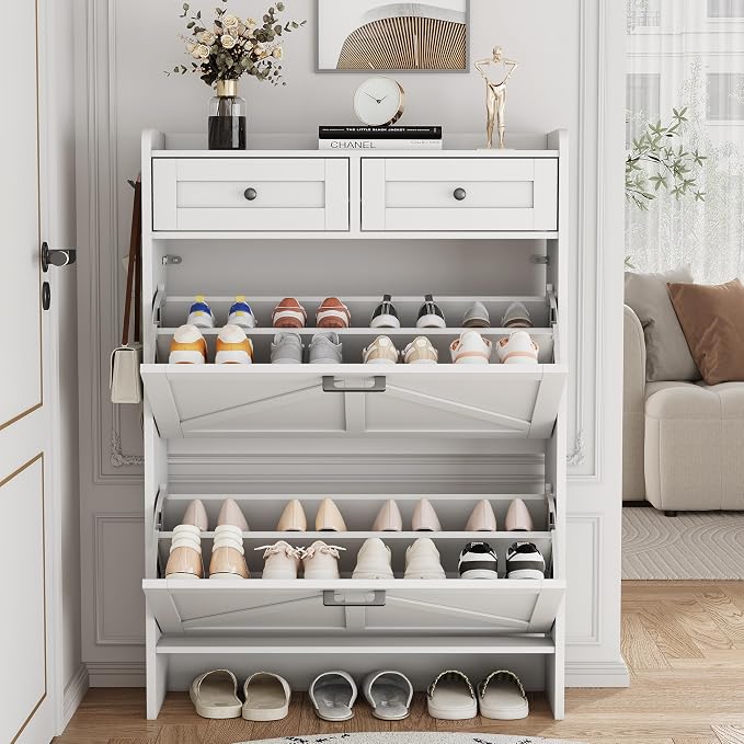 Shoe Cabinet with 2 Flip Drawers & 2 Top Drawers, Hidden Slim Shoe Rack - Image 8