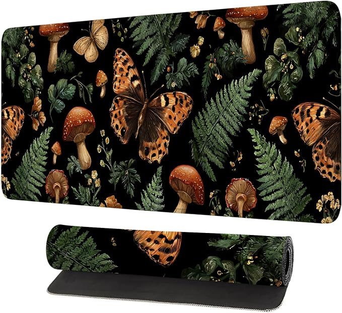 Vintage Butterfly Mushroom Mouse Pad – Large Extended Desk Mat 31.5 x 11.8 in– by LEIWEIHOPE
