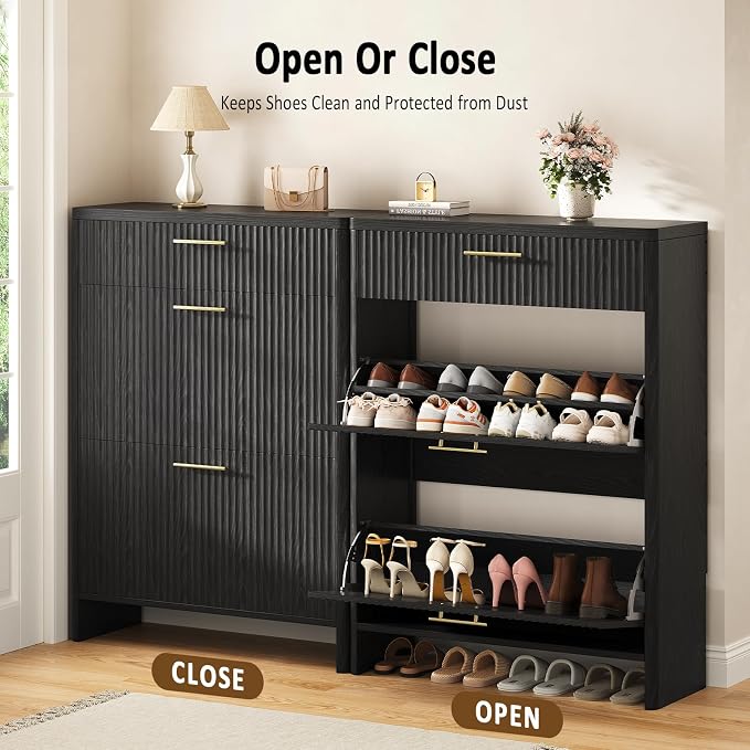 Fluted Shoe Storage Cabinet for Entryway, Narrow Wooden Shoe Cabinet - Image 8