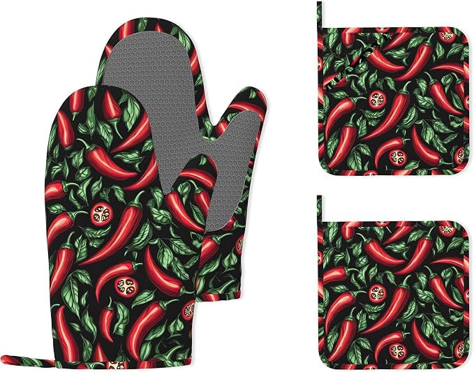 Red Chili Peppers Silicone Oven Mitts and Pot Holders, Heat-Resistant 4 Piece by Unknown